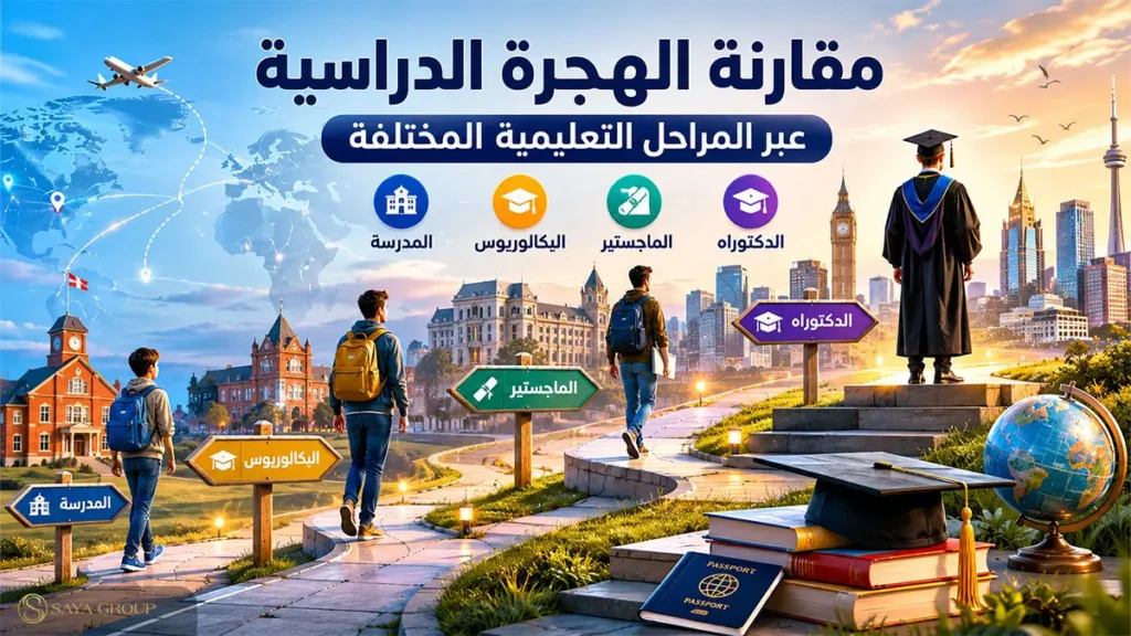 مقارنة الهجرة الدراسية عبر المراحل التعليمية المختلفة: المدرسة، البكالوريوس، الماجستير، والدكتوراه