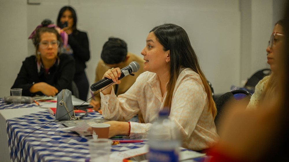 طالبة تتحدث أمام الميكروفون في تدريب عملي لطلاب الإعلام في تركيا